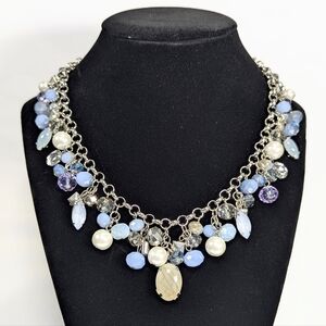 Blue Lavender Beaded Bib Statement Necklace - Silver Tone Pearl Cluster Fringe